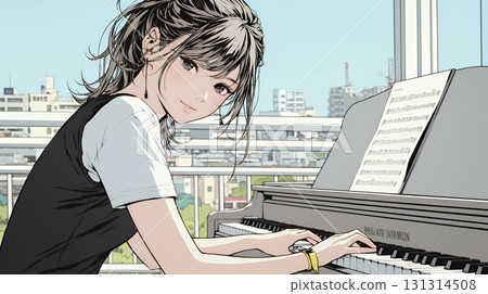 彈鋼琴的年輕女子 131314508