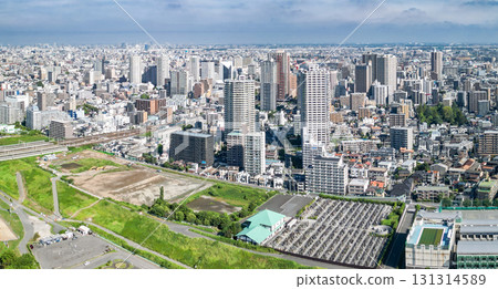 Aerial view of Kawaguchi city center taken from the Arakawa riverbed in Saitama Prefecture 131314589