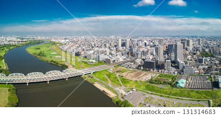 Aerial view of Kawaguchi city center taken from the Arakawa riverbed in Saitama Prefecture Aerial view of Kawaguchi city center taken from the Arakawa riverbed in Saitama Prefecture 131314683