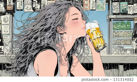 A woman drinking beer 131314882