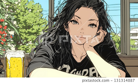 A woman drinking beer 131314887