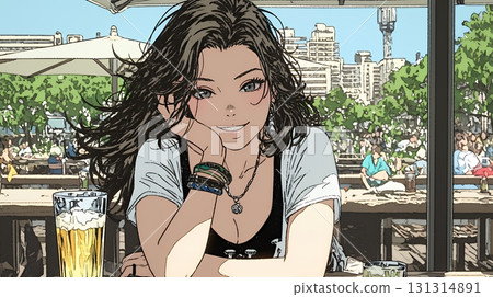 A woman drinking beer 131314891