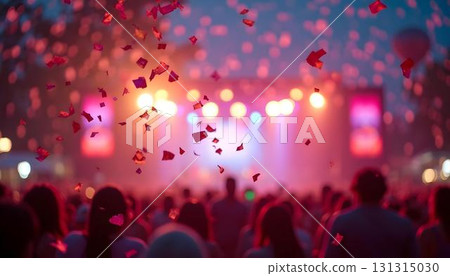 A lively crowd at a summer concert, with colorful confetti falling from above, creating a festive atmosphere 131315030