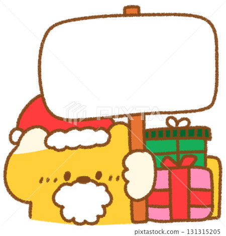 Illustration of a cat dressed as Santa holding a panel and a present 131315205
