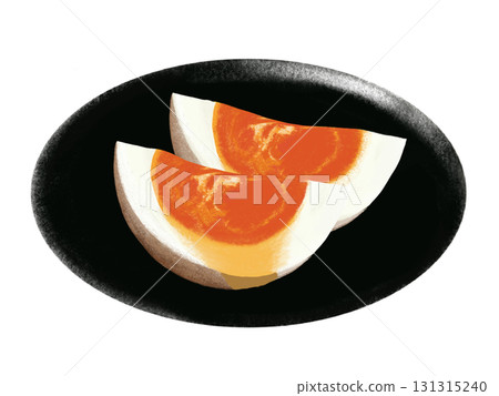 2 wedges of soft-boiled eggs on a black plate 2 wedges of soft-boiled eggs on a black plate 131315240