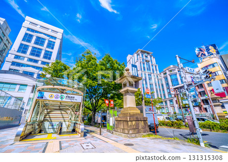 Tokyo cityscape in Japan. Overlooking the lush greenery of Omotesando in Tokyo and the Tokyo Metro Omotesando Station in front of the Omotesando intersection. 131315308