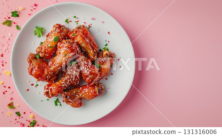 Hot spicy chicken with sesame on white plate on pink background 131316006