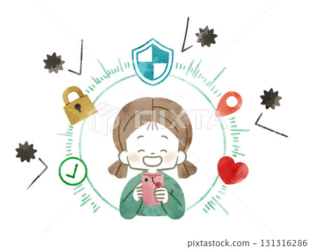 Girl protected by smartphone security - watercolor Girl protected by smartphone security - watercolor 131316286