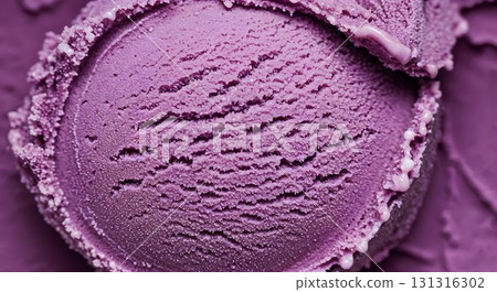 Detailed view of purple ice cream, emphasizing its creamy texture, set against a sunny summer backdrop 131316302