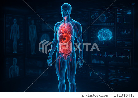 AI generated futuristic medical visualization showing holographic human body with glowing internal organs and digital health data interface in a sci fi atmosphere AI generated futuristic medical visualization showing holographic human body with glowing internal organs and digital health data interface in a sci fi atmosphere 131316413