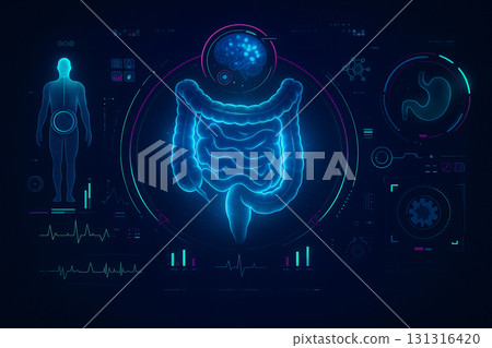 AI generated holographic intestine visualization with glowing digital interface futuristic medical concept showing anatomy biology and advanced healthcare technology 131316420