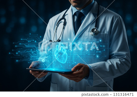 AI generated futuristic doctor in white coat holding tablet with holographic heart and medical circuit data symbolizing modern healthcare digital health precision and innovation in medical technology 131316471