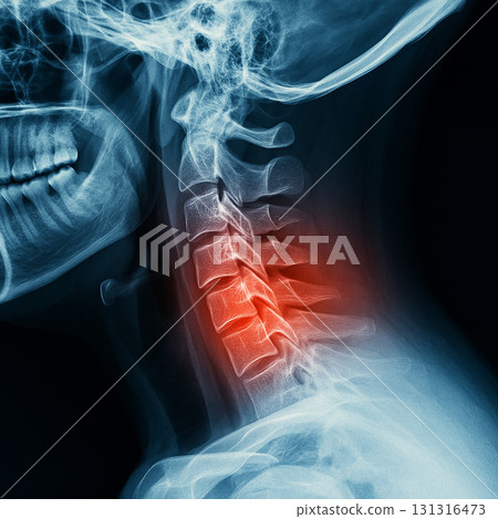AI generated X ray image of cervical spine showing highlighted injury in red tone representing pain inflammation or abnormality in vertebrae medical radiology concept 131316473