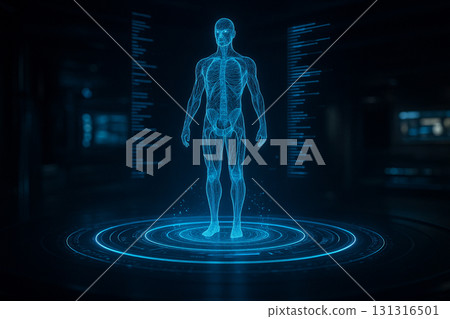 AI generated futuristic medical visualization showing a glowing blue holographic human body with anatomy details and digital data interface in a sci fi laboratory 131316501