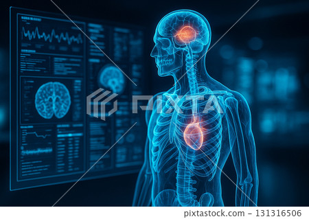 AI generated futuristic medical hologram of human anatomy showing skeleton organs and nervous system with digital data interface for advanced healthcare and research 131316506