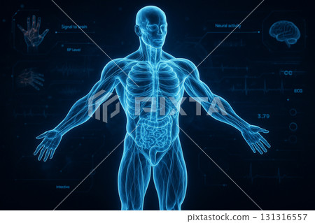 AI generated ultra realistic hologram of human body anatomy showing skeleton muscles nerves and organs glowing blue neon futuristic medical science interface with digital abstract background AI generated ultra realistic hologram of human body anatomy showing skeleton muscles nerves and organs glowing blue neon futuristic medical science interface with digital abstract background 131316557