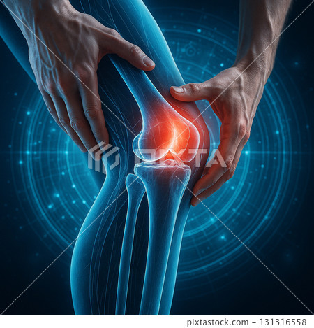 AI generated ultra realistic holographic knee joint glowing red and blue showing pain injury anatomy and bone structure for futuristic medical science health and technology concept 131316558