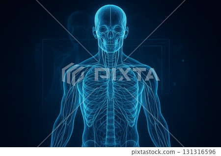 AI generated ultra realistic hologram of human upper body showing skull spine ribcage and nerves with glowing neon blue futuristic medical science and abstract digital particle background 131316596