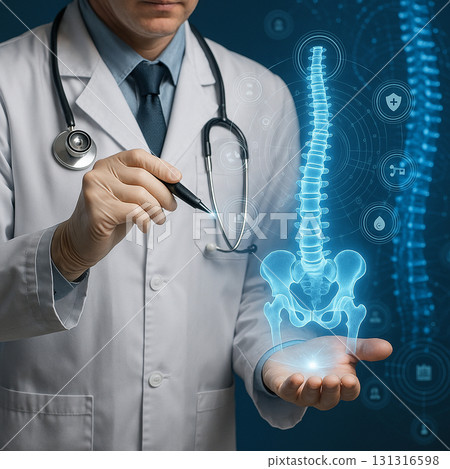 AI generated futuristic medical concept showing doctor in white coat using digital pen with glowing holographic spine and pelvis symbolizing diagnosis innovation healthcare and advanced science 131316598