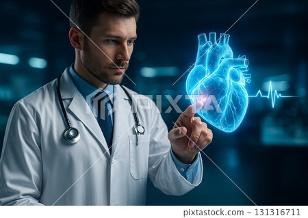 AI generated futuristic medical scene showing doctor interacting with glowing holographic heart symbolizing digital healthcare technology and advanced science 131316711