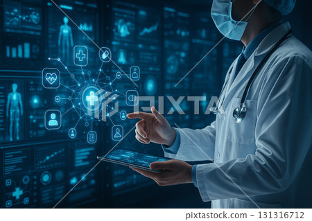 AI generated futuristic medical scene of doctor interacting with glowing holographic data interface symbolizing advanced healthcare technology and digital innovation AI generated futuristic medical scene of doctor interacting with glowing holographic data interface symbolizing advanced healthcare technology and digital innovation 131316712