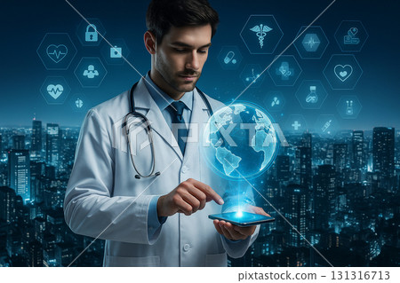AI generated futuristic concept of a doctor holding digital device projecting glowing holographic globe with medical icons symbolizing global healthcare technology and innovation 131316713