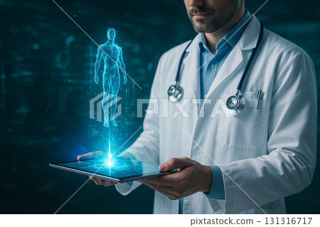 AI generated futuristic medical scene showing a doctor holding a tablet with glowing hologram human body symbolizing advanced healthcare and digital technology innovation 131316717