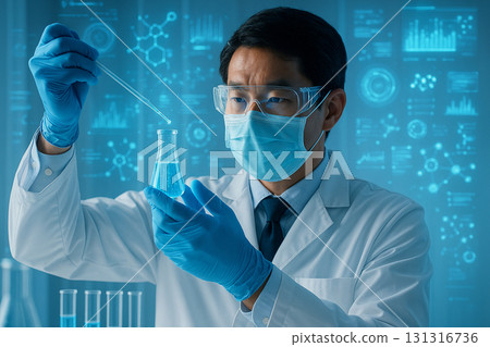AI generated scientist in protective suit using pipette with blue liquid in futuristic laboratory surrounded by holographic molecules showing precision research innovation and biotechnology AI generated scientist in protective suit using pipette with blue liquid in futuristic laboratory surrounded by holographic molecules showing precision research innovation and biotechnology 131316736