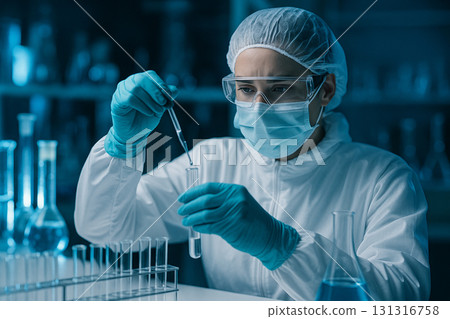 AI generated scientist in protective suit using pipette to transfer liquid into test tube in modern laboratory with blue light showing precision safety innovation and research progress 131316758