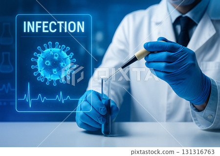 AI generated image of a scientist using pipette in laboratory with holographic virus graphics and infection analysis visuals symbolizing advanced medical research and biotechnology 131316763