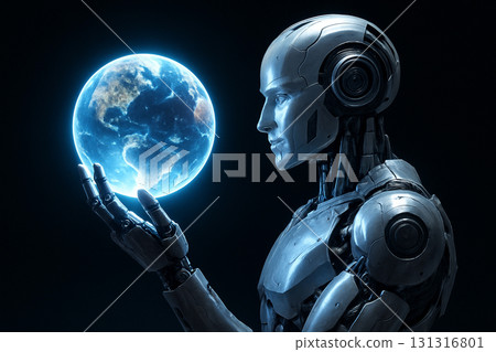 AI generated futuristic digital art of a humanoid robot holding a glowing earth sphere symbolizing artificial intelligence technology human connection innovation and the future of our planet 131316801