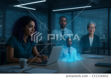 AI generated digital art of a woman working on laptop with holographic colleagues in a futuristic office showing virtual meeting technology innovation and global collaboration 131316802