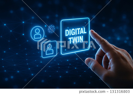 AI generated digital twin interface glowing blue holographic panel with human hand interaction symbolizing innovation connection and advanced technology AI generated digital twin interface glowing blue holographic panel with human hand interaction symbolizing innovation connection and advanced technology 131316803