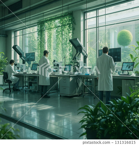 AI generated ultra realistic image of scientists working in a modern laboratory surrounded by green plants and digital equipment symbolizing biotechnology research sustainability and future innovation 131316815