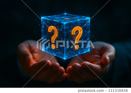 AI generated conceptual digital art of human hands holding glowing holographic cube with question marks symbolizing mystery discovery future innovation and possibility 131316836