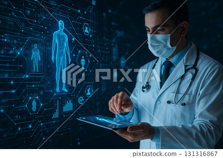 AI generated ultra realistic image of doctor in white coat and mask using tablet to interact with glowing holographic human body digital data and futuristic healthcare technology innovation AI generated ultra realistic image of doctor in white coat and mask using tablet to interact with glowing holographic human body digital data and futuristic healthcare technology innovation 131316867