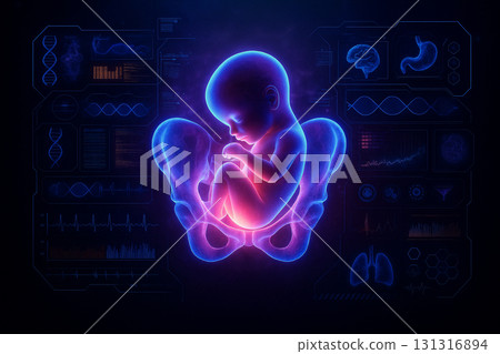 AI generated digital art of a glowing holographic fetus inside pelvis surrounded by futuristic medical data and DNA interface representing science technology and human life 131316894