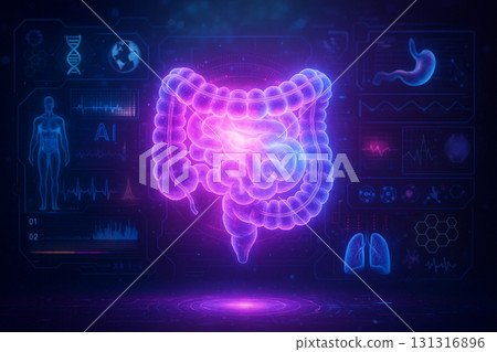 AI generated sci fi medical artwork showing glowing holographic digestive system with intestines stomach lungs and futuristic health data interface in neon blue and violet 131316896