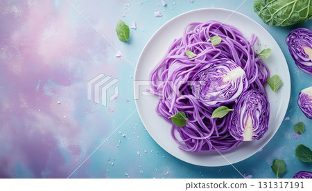 Purple cabbage noodle pasta gluten free on white plate for healthy ingredient 131317191