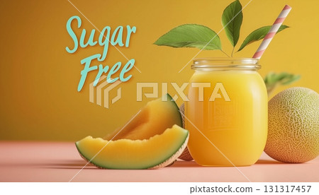 Melon juice fresh organic fruit on glass jar with sugar free text for healthy drink 131317457