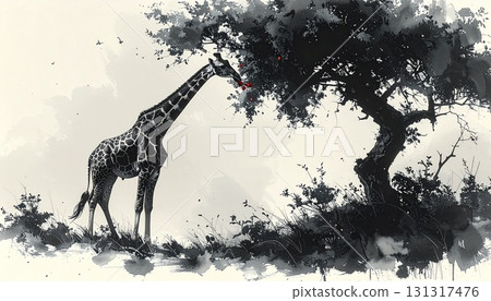 Black and white ink illustration design of a giraffe eating nuts from a tall tree Black and white ink illustration design of a giraffe eating nuts from a tall tree 131317476