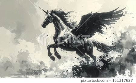 Black and white ink illustration design of a Pegasus taking off into the sky 131317627