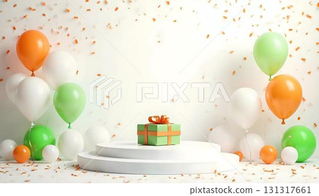 Festive 3D render featuring balloons and a gift box on a white background, celebrating a birthday and India Independence Day 131317661
