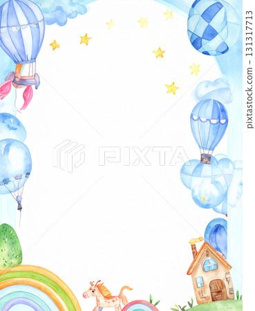 用水彩畫成的氣球和彩虹的童話框架 131317713