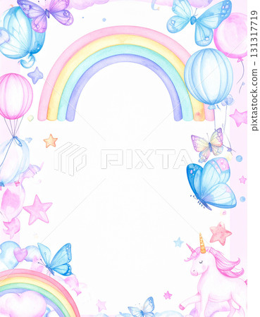 用水彩畫成的氣球和彩虹的童話框架 131317719