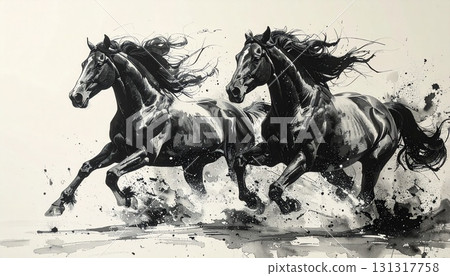 Black and white ink illustration design of two galloping horses 131317758