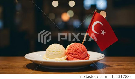 A vibrant display of Turkish ice cream topped with the Turkish flag, commemorating Independence Day festivities 131317885
