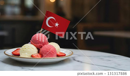 Turkish ice cream with the Turkish flag, set against a backdrop celebrating Victory Day and national pride 131317886