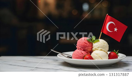 A scoop of Turkish ice cream featuring the Turkish flag, symbolizing Independence Day celebrations 131317887