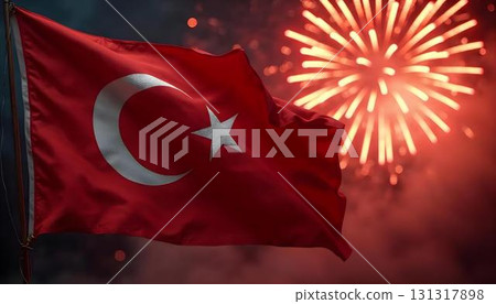 Turkish flag waving with colorful fireworks in the background, celebrating Turkey's Victory Day and independence day 131317898